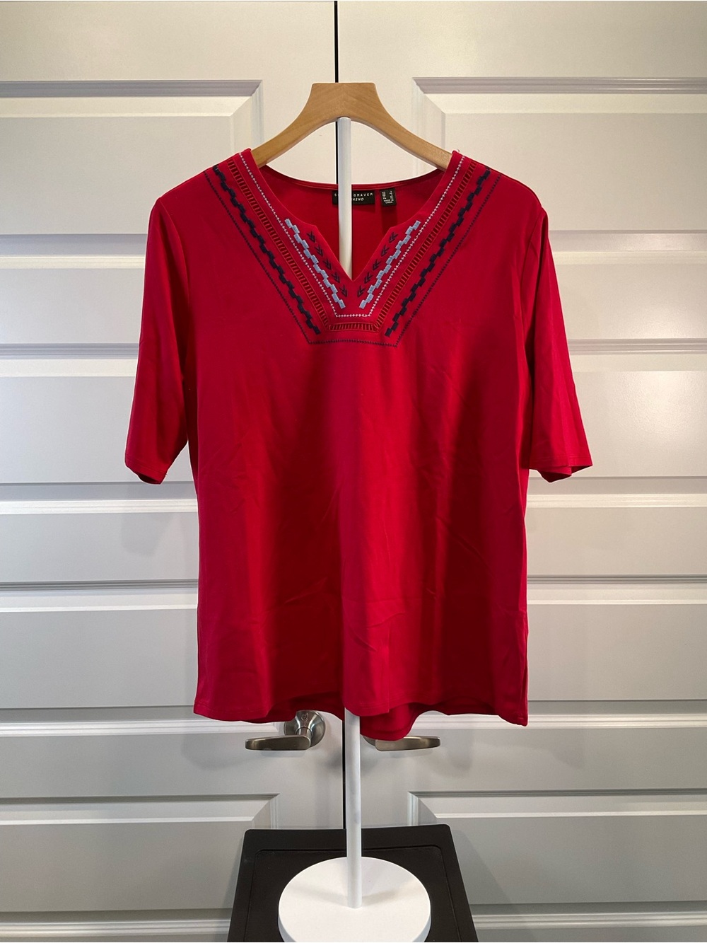 Susan Graver Bright Red V-Neck Short Sleeve Top with Navy Embroidery